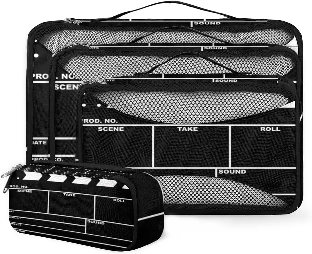 Black Movie Clapboard Travel Packing Cubes 4 Set, Cinema Clapboard Luggage Packing Organizers Carry on Suitcase Storage Mesh Bags Accessories