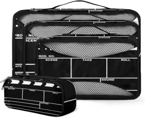 Black Movie Clapboard Travel Packing Cubes 4 Set, Cinema Clapboard Luggage Packing Organizers Carry on Suitcase Storage Mesh Bags Accessories