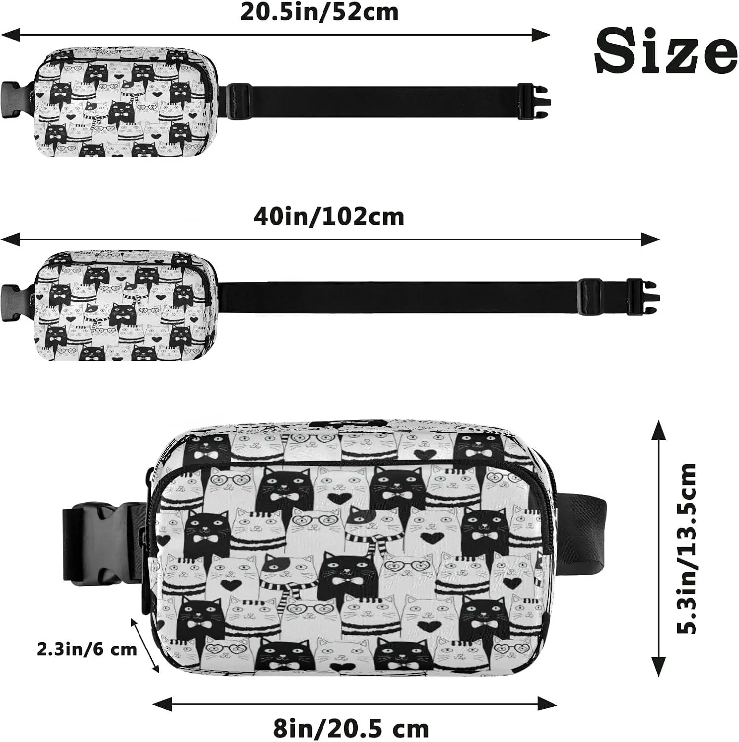 Black White Cat Belt Bag for Women Men Fanny Pack Small Waist Pouch Crossbody Bags for Outdoor Hiking Running Travel