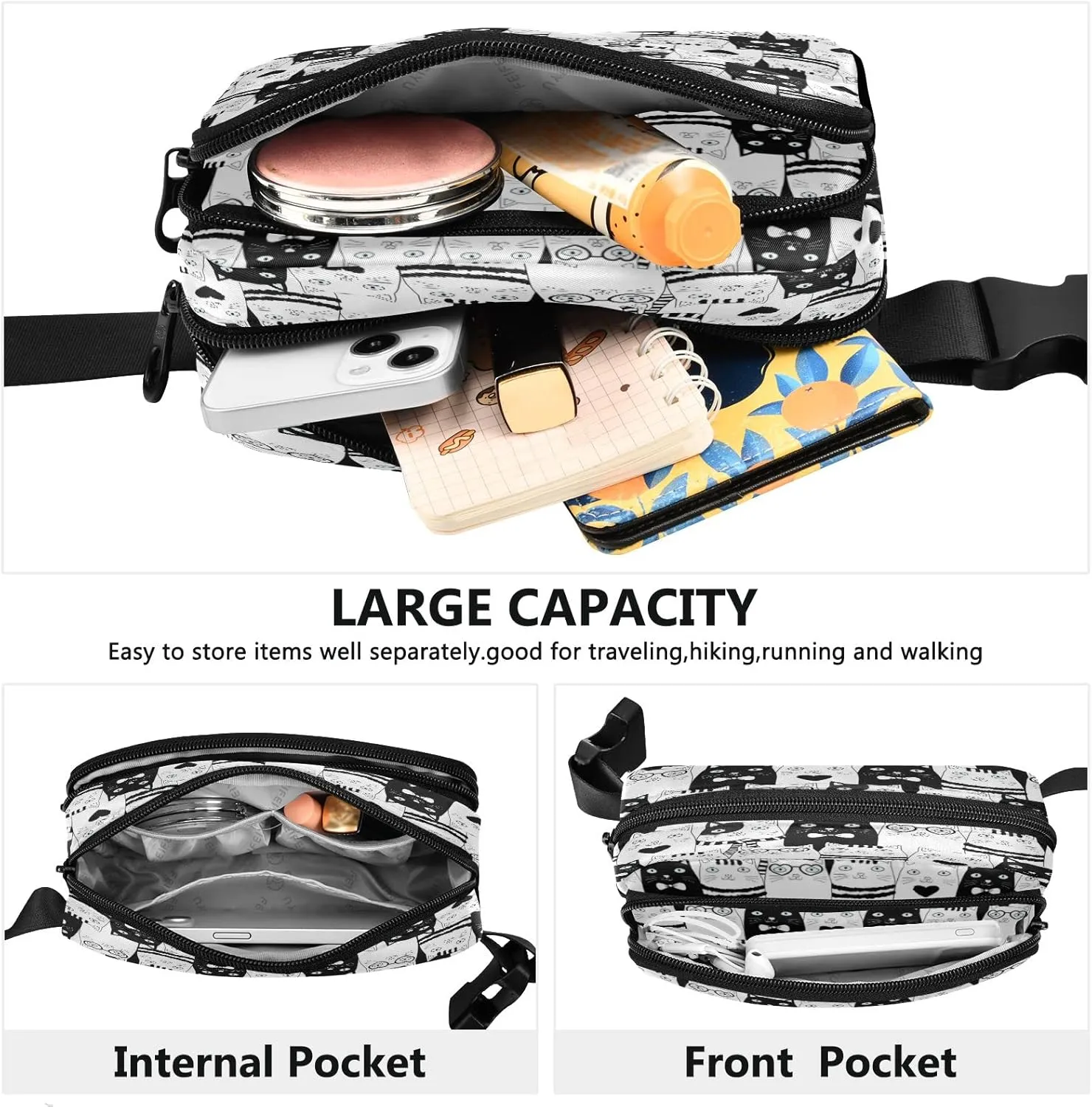 Black White Cat Belt Bag for Women Men Fanny Pack Small Waist Pouch Crossbody Bags for Outdoor Hiking Running Travel