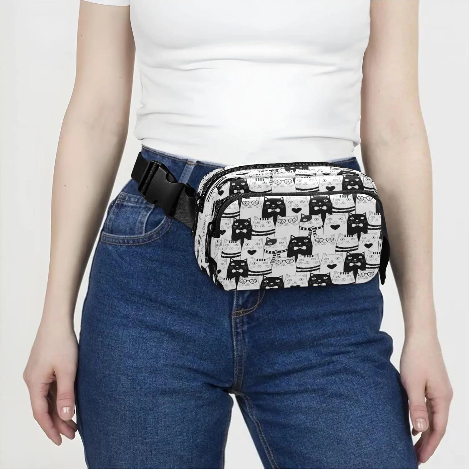 Black White Cat Belt Bag for Women Men Fanny Pack Small Waist Pouch Crossbody Bags for Outdoor Hiking Running Travel