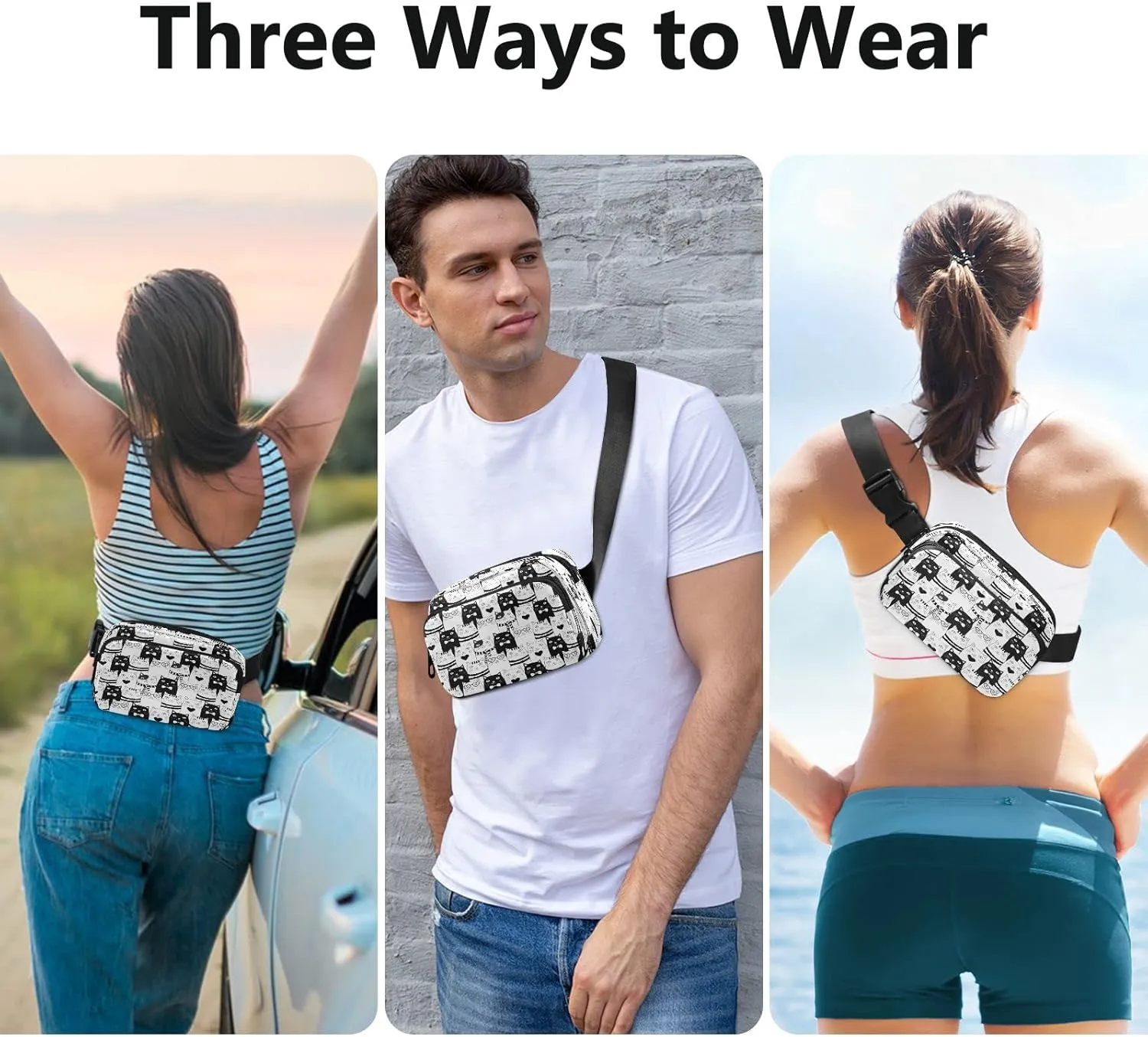 Black White Cat Belt Bag for Women Men Fanny Pack Small Waist Pouch Crossbody Bags for Outdoor Hiking Running Travel