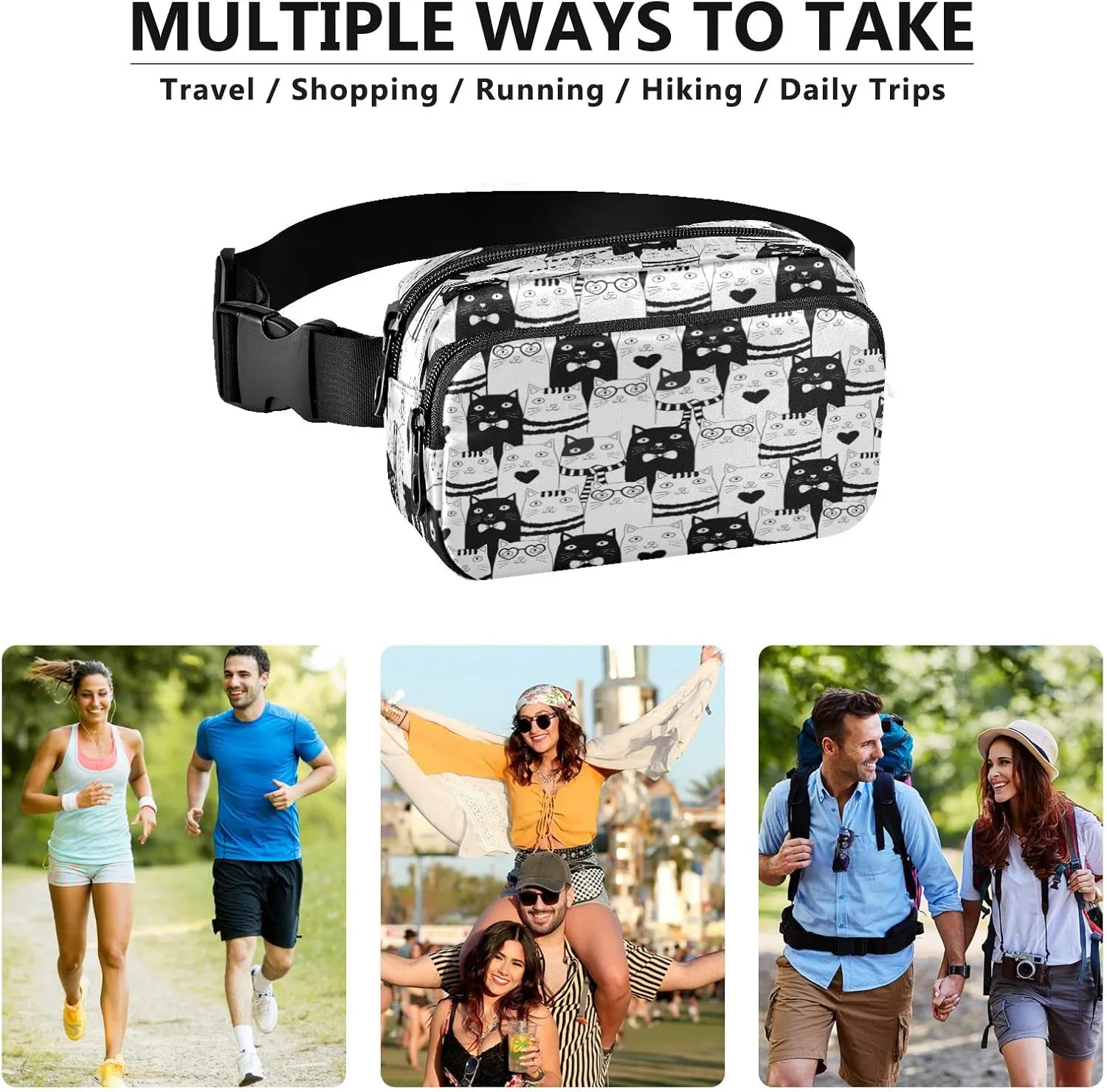 Black White Cat Belt Bag for Women Men Fanny Pack Small Waist Pouch Crossbody Bags for Outdoor Hiking Running Travel