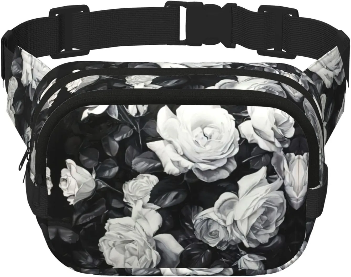 Black White Rose print Fanny Pack Waist Packs with Extender for Men Women, Waist Bag Hip Pack with Zipper Pockets