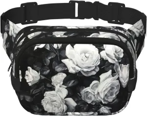 Black White Rose print Fanny Pack Waist Packs with Extender for Men Women, Waist Bag Hip Pack with Zipper Pockets