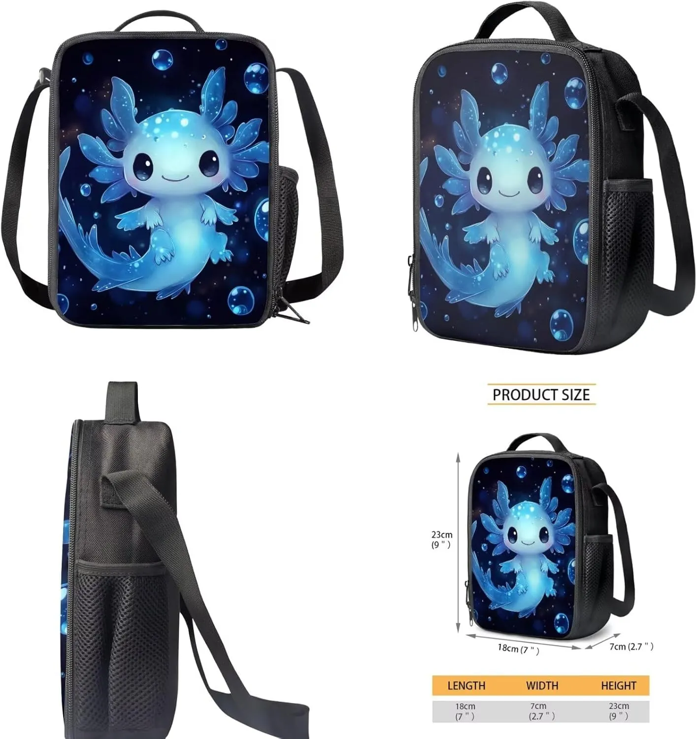 Blue Axolotl Backpack with Lunch Box Kids Girls 4 Grade 10-12/8-12/6-8 Elementary School Bookbag and Lunchbox Set 15in Middle Student Book Bags 3 in 1 Back Pack Lunch Bag Pencil Case Teen