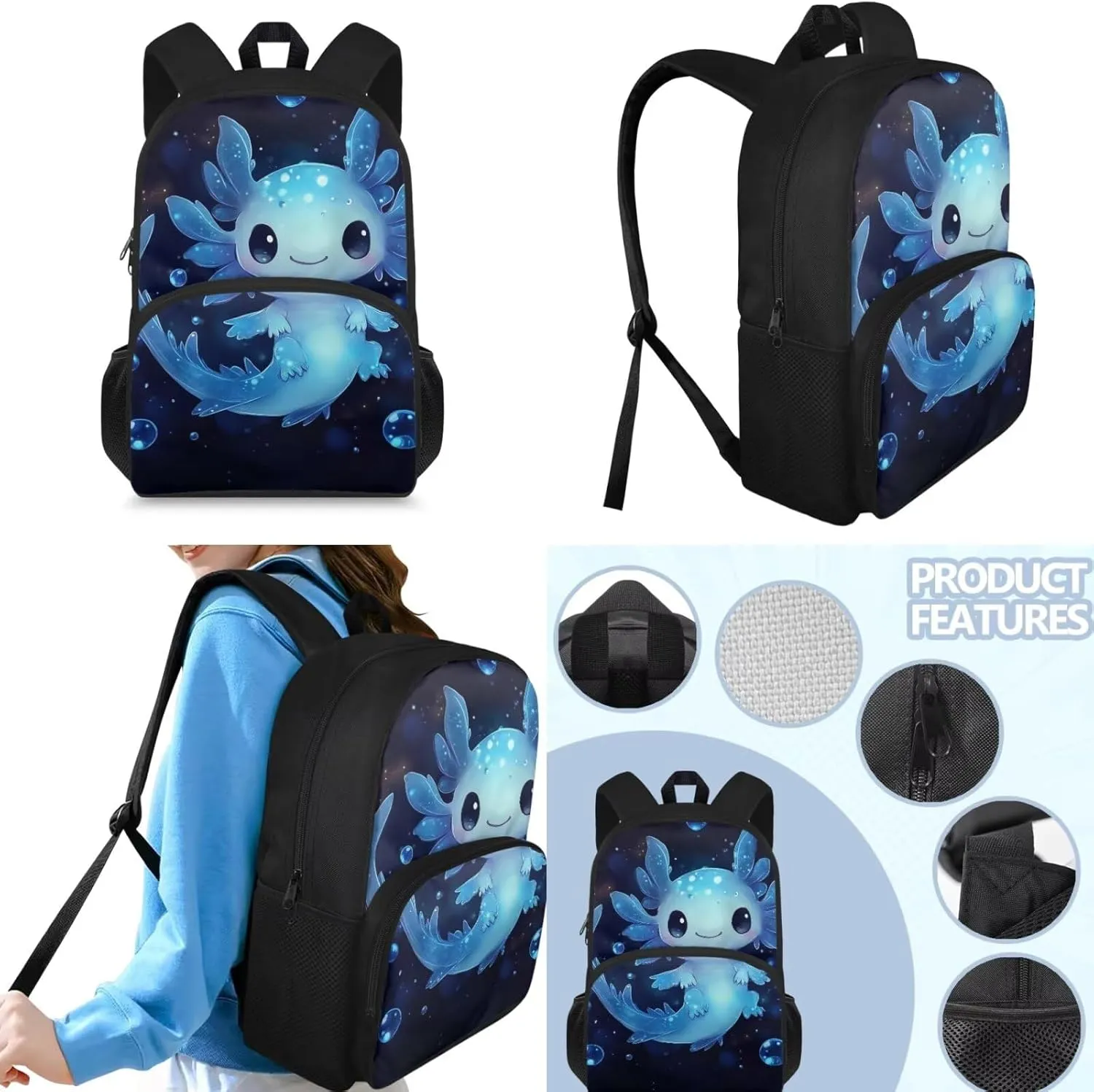 Blue Axolotl Backpack with Lunch Box Kids Girls 4 Grade 10-12/8-12/6-8 Elementary School Bookbag and Lunchbox Set 15in Middle Student Book Bags 3 in 1 Back Pack Lunch Bag Pencil Case Teen