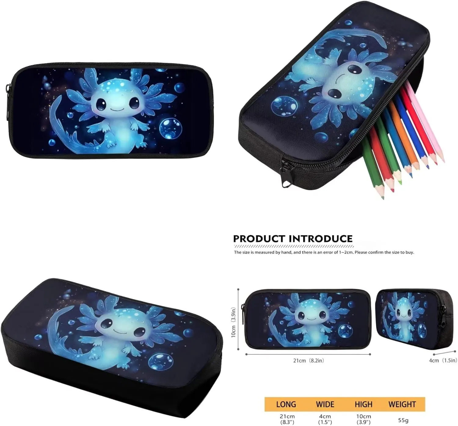 Blue Axolotl Backpack with Lunch Box Kids Girls 4 Grade 10-12/8-12/6-8 Elementary School Bookbag and Lunchbox Set 15in Middle Student Book Bags 3 in 1 Back Pack Lunch Bag Pencil Case Teen