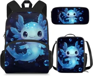 Blue Axolotl Backpack with Lunch Box Kids Girls 4 Grade 10-12/8-12/6-8 Elementary School Bookbag and Lunchbox Set 15in Middle Student Book Bags 3 in 1 Back Pack Lunch Bag Pencil Case Teen
