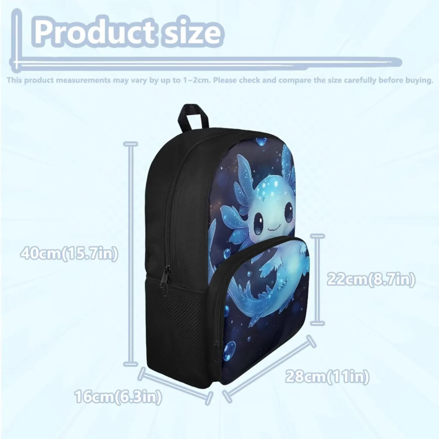 Blue Axolotl Backpack with Lunch Box Kids Girls 4 Grade 10-12/8-12/6-8 Elementary School Bookbag and Lunchbox Set 15in Middle Student Book Bags 3 in 1 Back Pack Lunch Bag Pencil Case Teen