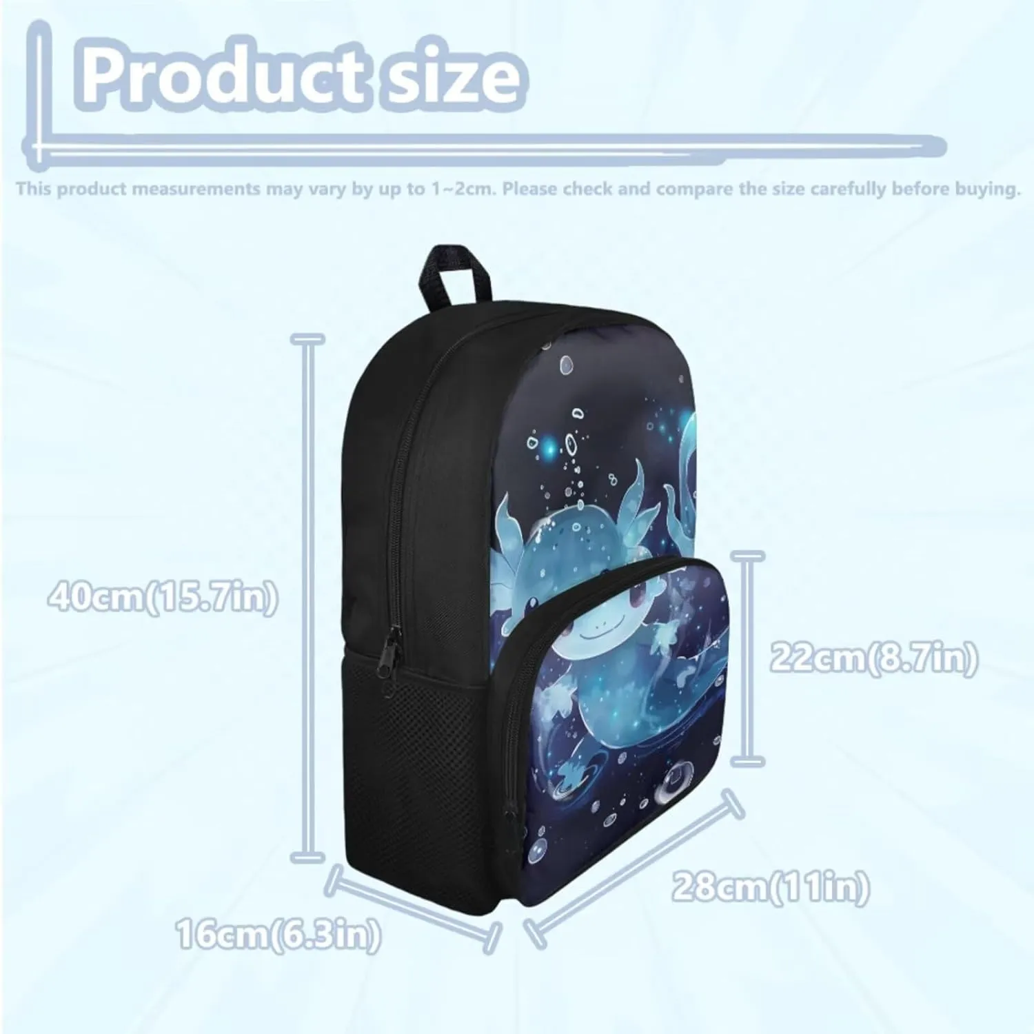 Blue Axolotl Backpack with Lunch Box Kids Girls 6-8/8-10/10-12 Salamander Kids Bookbags for 4th Grade Girls 15 Inch Book Bag Lunchbox Pencil Case Set Elementary School Bag Lunch Bag