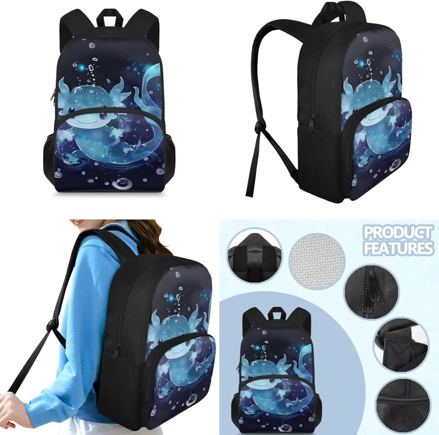 Blue Axolotl Backpack with Lunch Box Kids Girls 6-8/8-10/10-12 Salamander Kids Bookbags for 4th Grade Girls 15 Inch Book Bag Lunchbox Pencil Case Set Elementary School Bag Lunch Bag