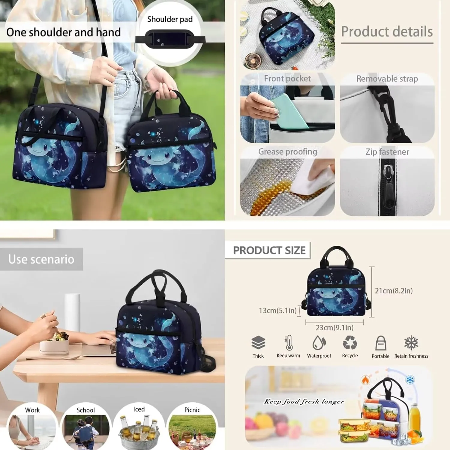 Blue Axolotl Backpack with Lunch Box Kids Girls 6-8/8-10/10-12 Salamander Kids Bookbags for 4th Grade Girls 15 Inch Book Bag Lunchbox Pencil Case Set Elementary School Bag Lunch Bag