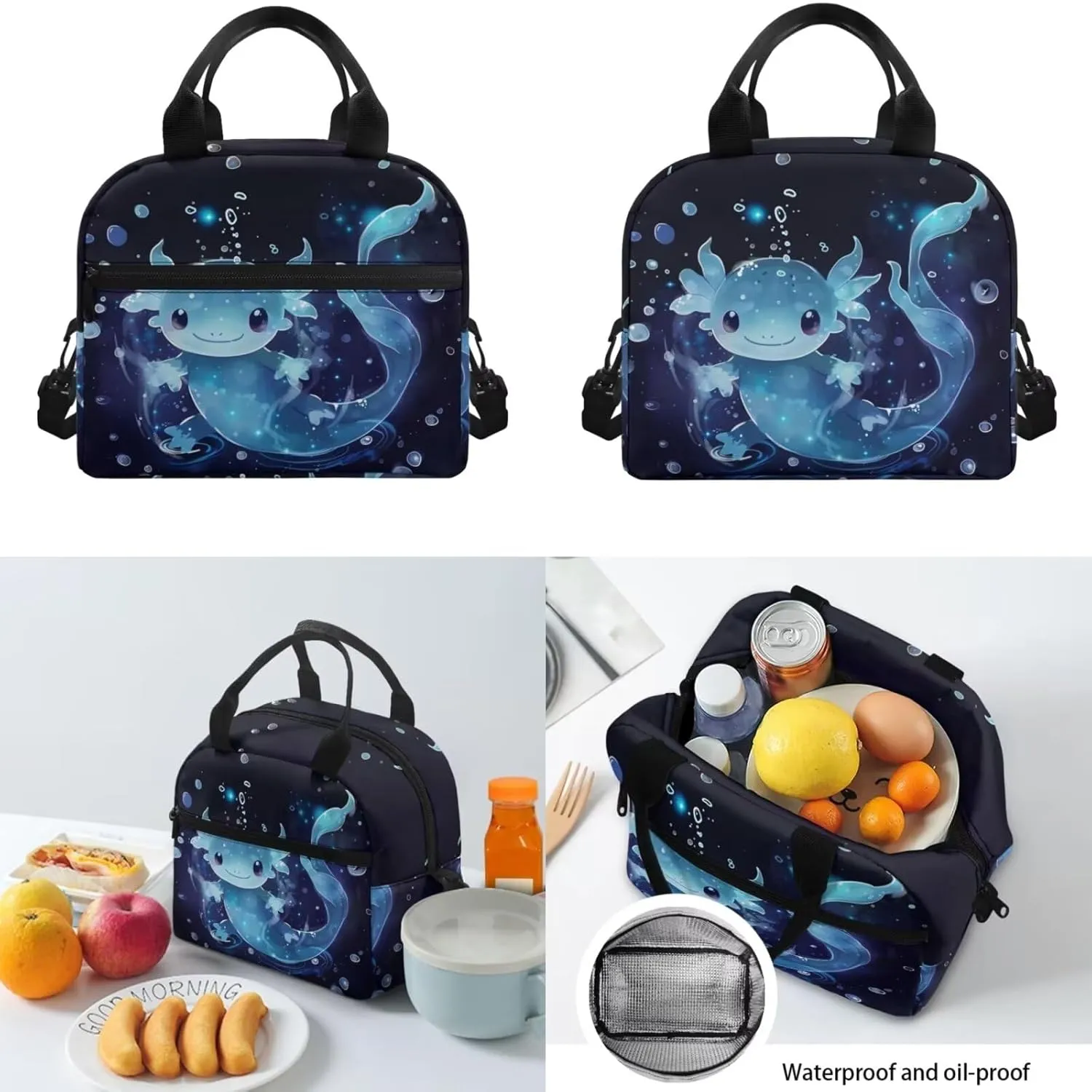 Blue Axolotl Backpack with Lunch Box Kids Girls 6-8/8-10/10-12 Salamander Kids Bookbags for 4th Grade Girls 15 Inch Book Bag Lunchbox Pencil Case Set Elementary School Bag Lunch Bag