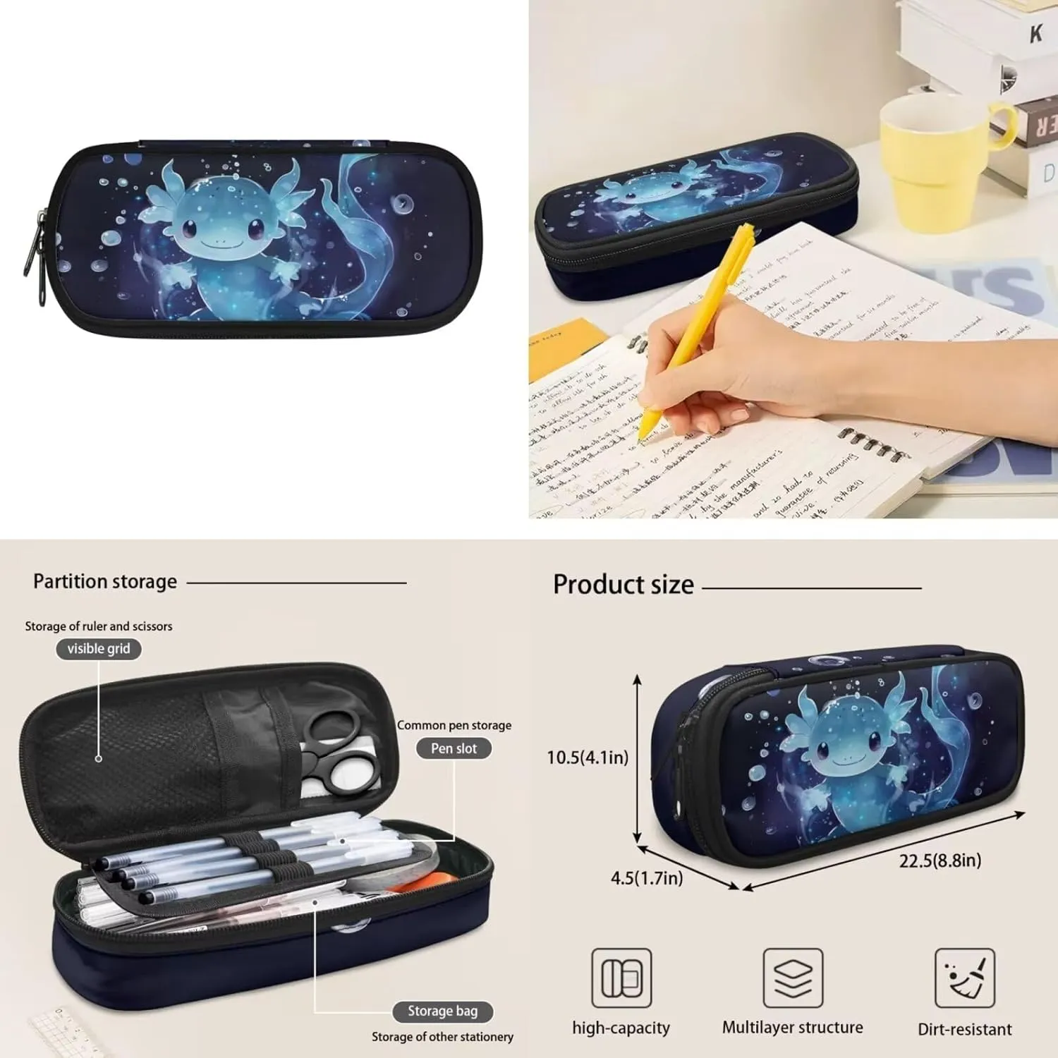 Blue Axolotl Backpack with Lunch Box Kids Girls 6-8/8-10/10-12 Salamander Kids Bookbags for 4th Grade Girls 15 Inch Book Bag Lunchbox Pencil Case Set Elementary School Bag Lunch Bag