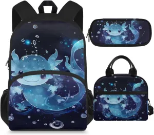 Blue Axolotl Backpack with Lunch Box Kids Girls 6-8/8-10/10-12 Salamander Kids Bookbags for 4th Grade Girls 15 Inch Book Bag Lunchbox Pencil Case Set Elementary School Bag Lunch Bag
