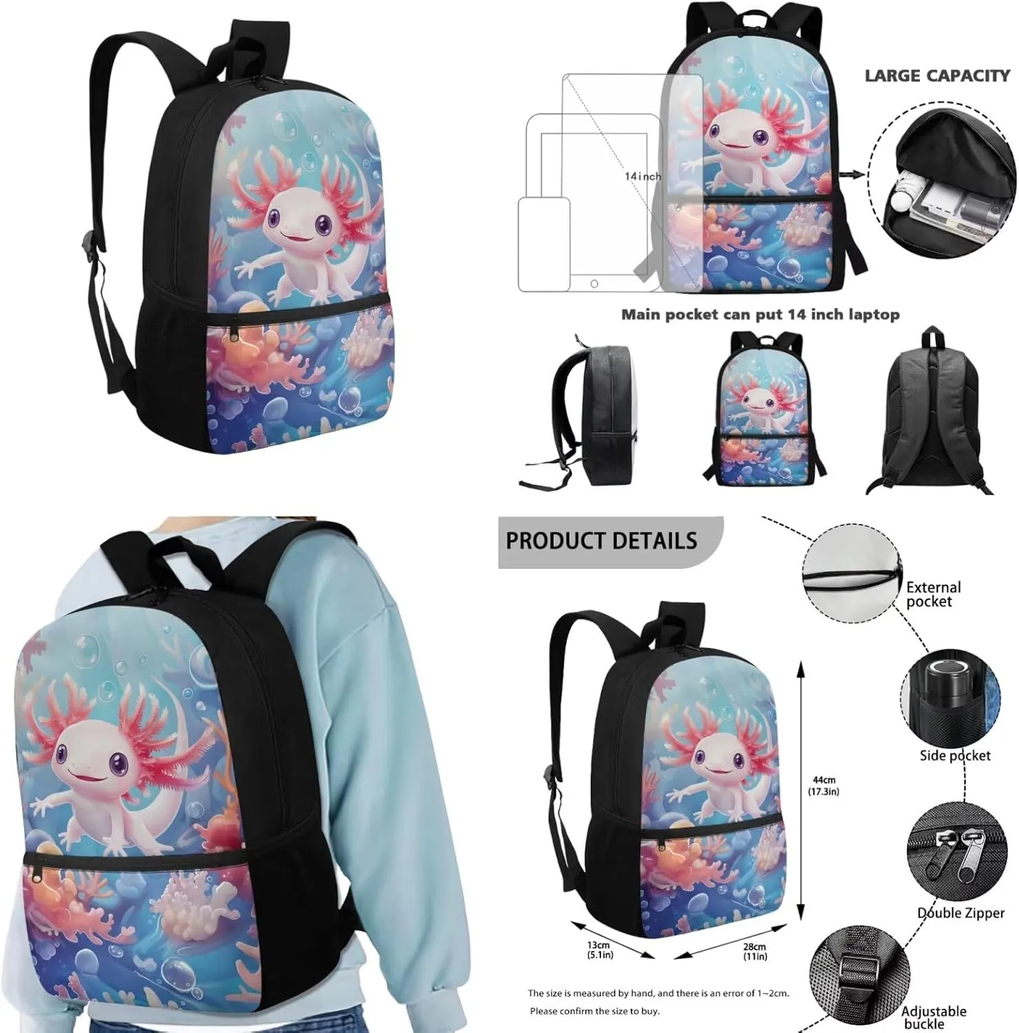 Blue Axolotl Cute Backpacks for Teen Girls with Lunch Bag Keychain and Aesthetic Pencil Pouch Cushion Shoulder Straps Rucksack Daypack 4 Piece Set
