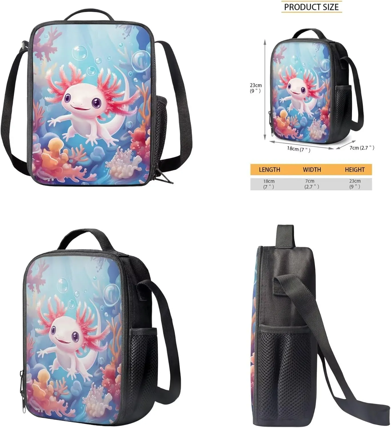 Blue Axolotl Cute Backpacks for Teen Girls with Lunch Bag Keychain and Aesthetic Pencil Pouch Cushion Shoulder Straps Rucksack Daypack 4 Piece Set