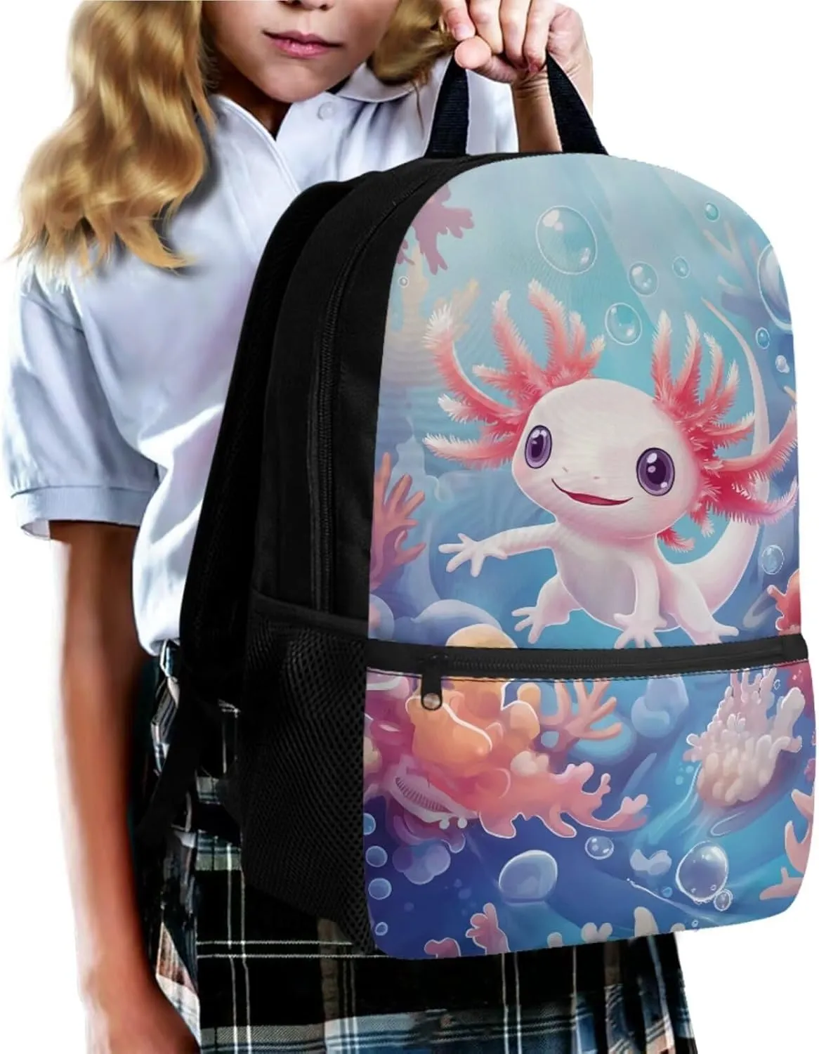 Blue Axolotl Cute Backpacks for Teen Girls with Lunch Bag Keychain and Aesthetic Pencil Pouch Cushion Shoulder Straps Rucksack Daypack 4 Piece Set