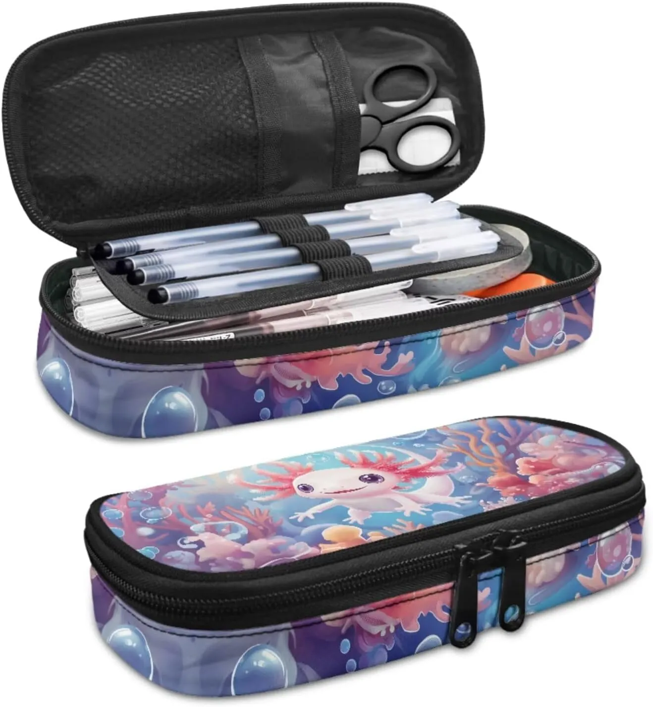 Blue Axolotl Cute Backpacks for Teen Girls with Lunch Bag Keychain and Aesthetic Pencil Pouch Cushion Shoulder Straps Rucksack Daypack 4 Piece Set