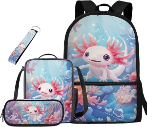 Blue Axolotl Cute Backpacks for Teen Girls with Lunch Bag Keychain and Aesthetic Pencil Pouch Cushion Shoulder Straps Rucksack Daypack 4 Piece Set