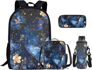 Blue Butterfly Backpack and Lunch Bag Set for Girls Boys 10-12 4pcs Middle School Elementary Bookbags Large Opening Easy to Access Stylish and Fashion Boys Backpack Set for Outdoor