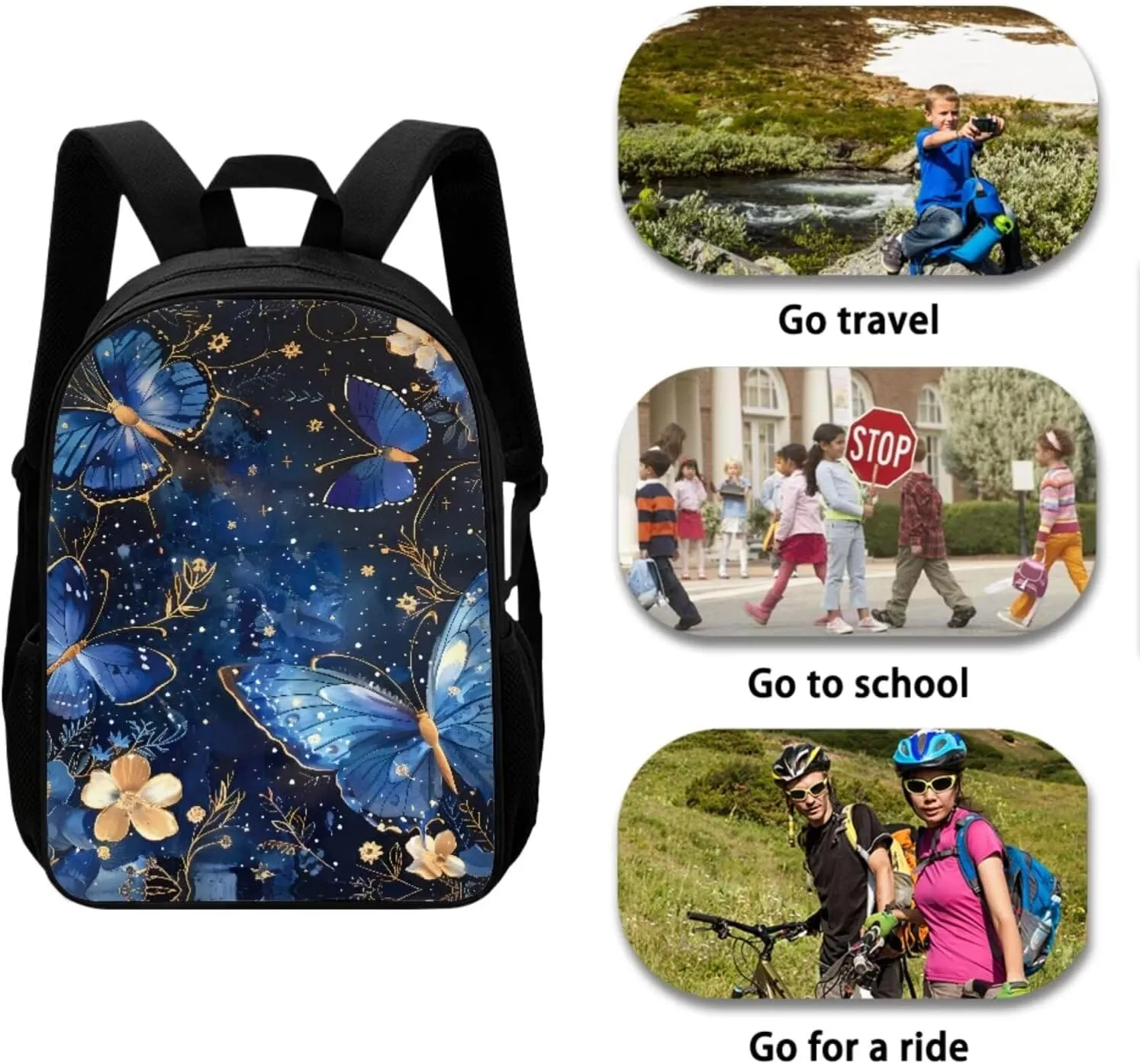 Blue Butterfly Backpack and Lunch Bag Set for Girls Boys 10-12 4pcs Middle School Elementary Bookbags Large Opening Easy to Access Stylish and Fashion Boys Backpack Set for Outdoor