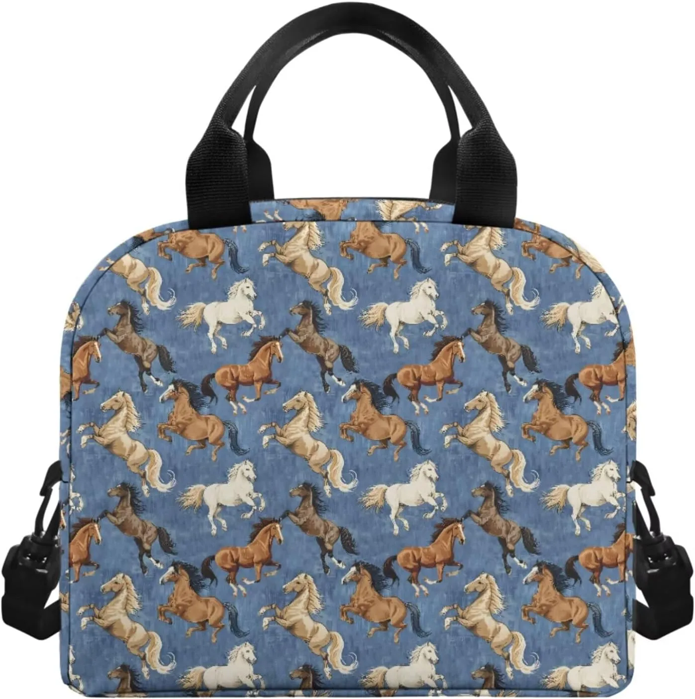 Blue Horse Backpack with Lunch Box Pencil Case and Bookmark Cute Backpacks for Little Gils for Preschool with Side Pockets Lightweight Reusable 4 in 1 Bookbags Set