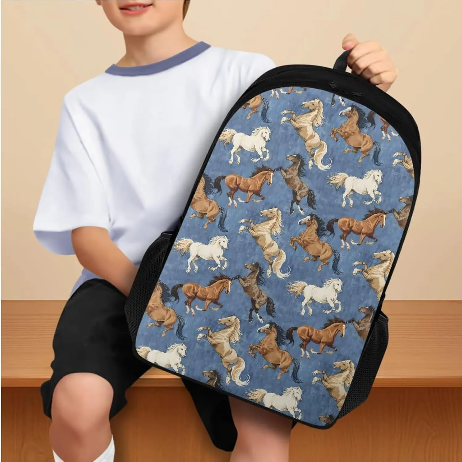 Blue Horse Backpack with Lunch Box Pencil Case and Bookmark Cute Backpacks for Little Gils for Preschool with Side Pockets Lightweight Reusable 4 in 1 Bookbags Set