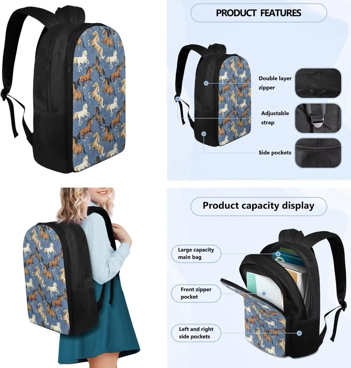 Blue Horse Backpack with Lunch Box Pencil Case and Bookmark Cute Backpacks for Little Gils for Preschool with Side Pockets Lightweight Reusable 4 in 1 Bookbags Set