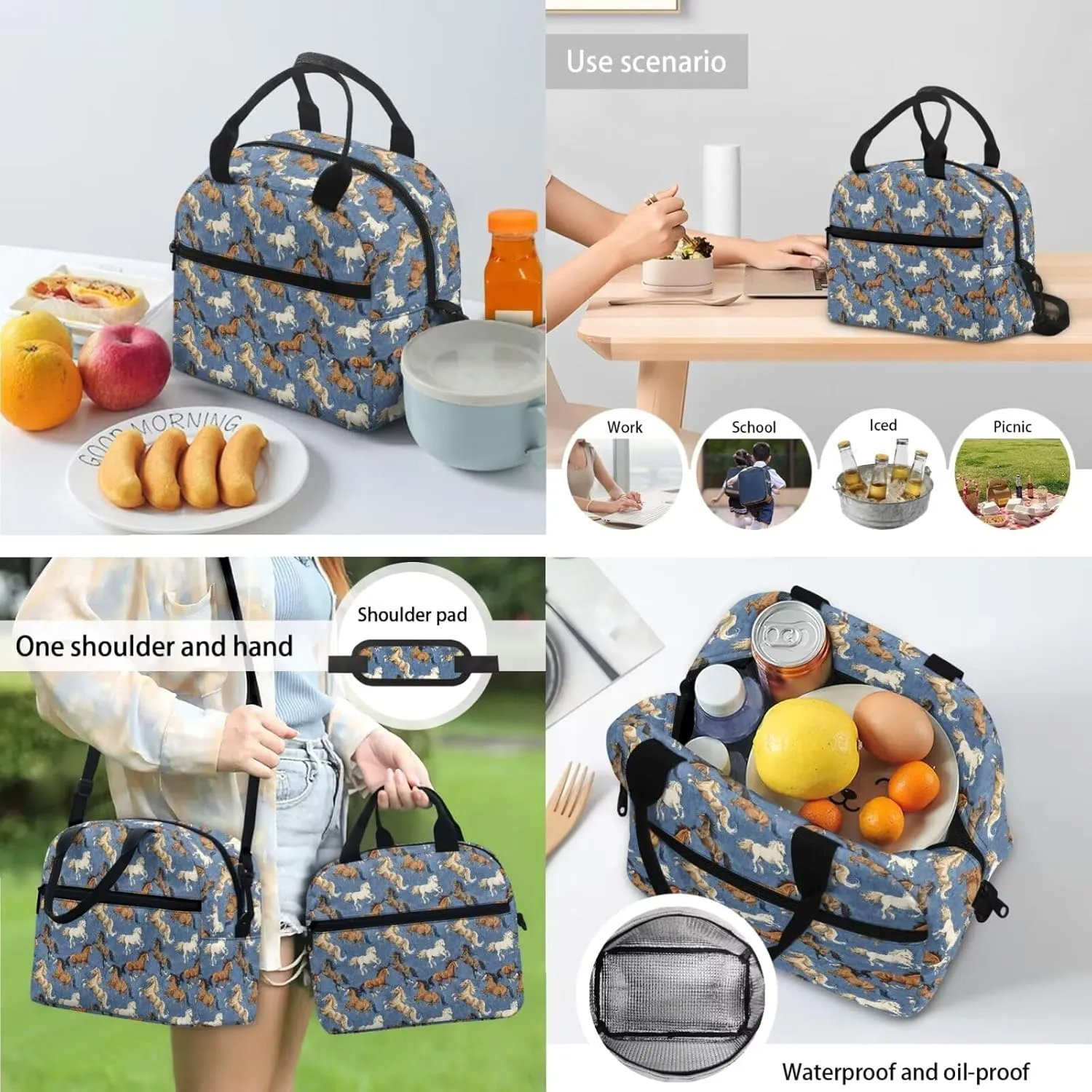 Blue Horse Backpack with Lunch Box Pencil Case and Bookmark Cute Backpacks for Little Gils for Preschool with Side Pockets Lightweight Reusable 4 in 1 Bookbags Set