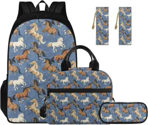 Blue Horse Backpack with Lunch Box Pencil Case and Bookmark Cute Backpacks for Little Gils for Preschool with Side Pockets Lightweight Reusable 4 in 1 Bookbags Set