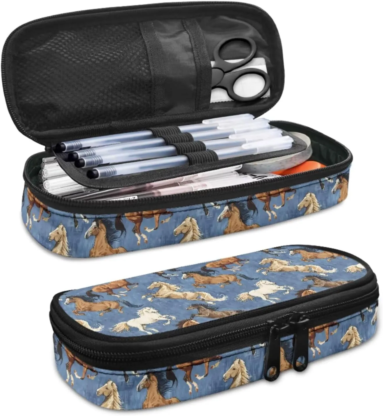 Blue Horse Backpack with Lunch Box Pencil Case and Bookmark Cute Backpacks for Little Gils for Preschool with Side Pockets Lightweight Reusable 4 in 1 Bookbags Set