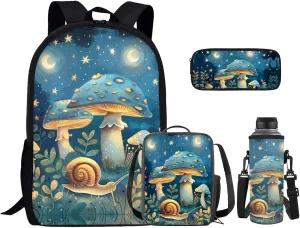 Blue Mushroom Teen Girls Backpacks Ages 8-10 Middle High School Bookbag Portable Bags for School for Girls Backpack and Lunch Box Set with Water Bottle Holder Make You Look Chic