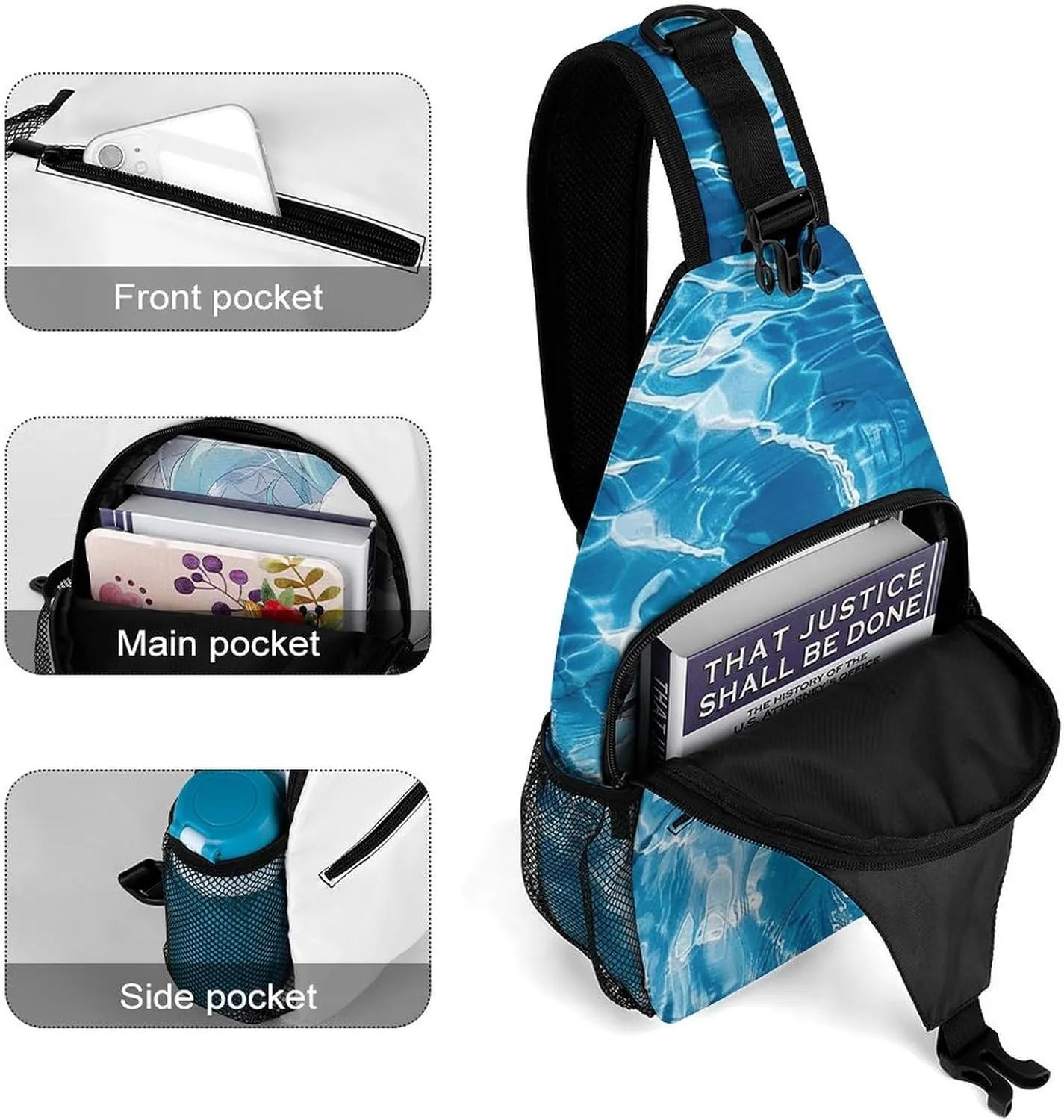 Blue Water Ripples Crossbody Bag, Sling Bag, Sling Backpack, Belt Bags for Travel Outdoors Hiking