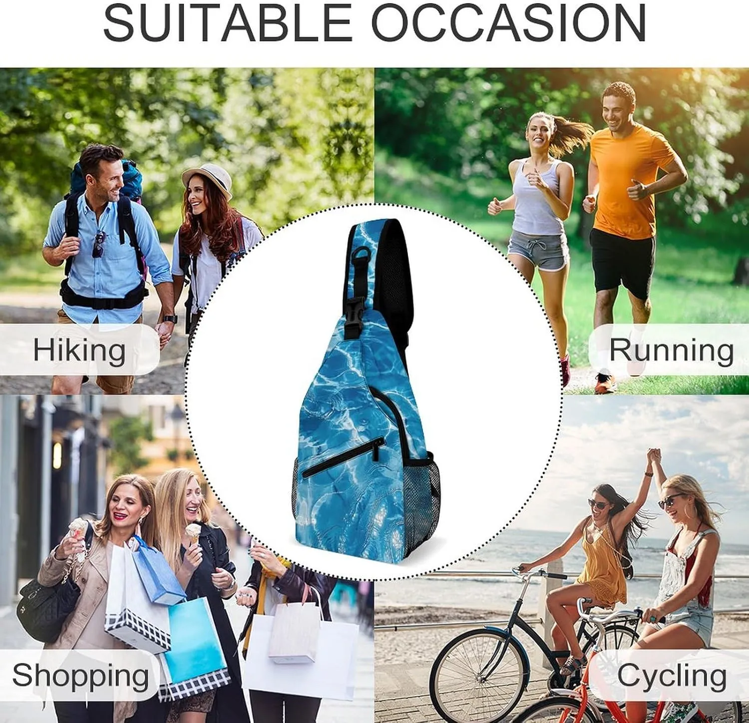 Blue Water Ripples Crossbody Bag, Sling Bag, Sling Backpack, Belt Bags for Travel Outdoors Hiking