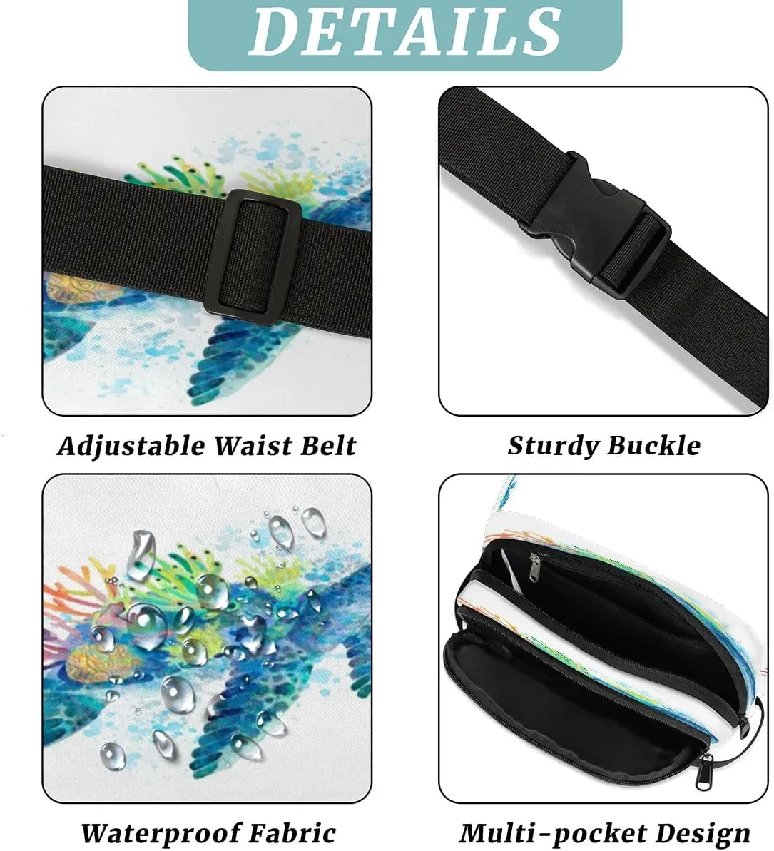 Blue Watercolor Turtle Men's and Women's Waist Pack Crossbody Cartoon Turtle Pattern Waist Pack Running Strap, Adjustable Shoulder Strap - For Hiking and Running Exercise Fitness