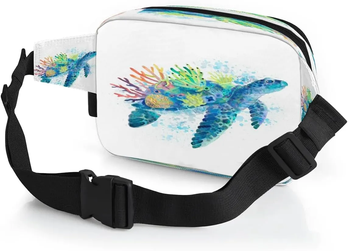 Blue Watercolor Turtle Men's and Women's Waist Pack Crossbody Cartoon Turtle Pattern Waist Pack Running Strap, Adjustable Shoulder Strap - For Hiking and Running Exercise Fitness