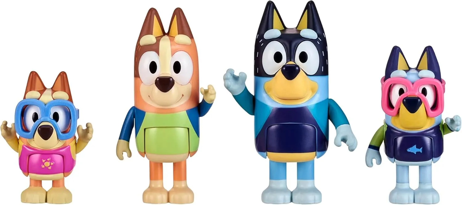 Bluey Figure 4-Pack, Family Beach Day 2.5-3 Inch, Bingo, Bandit and Chilli Character Figures with Accessories