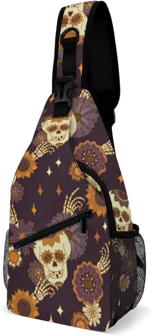 Boho Skull Bones Sling Bag Crossbody for Women Men Lightweight Adjustable Extender Strap Mystical Floral Shoulder Backpack with Water Bottle Holder Casual Daypack for Hiking Travel