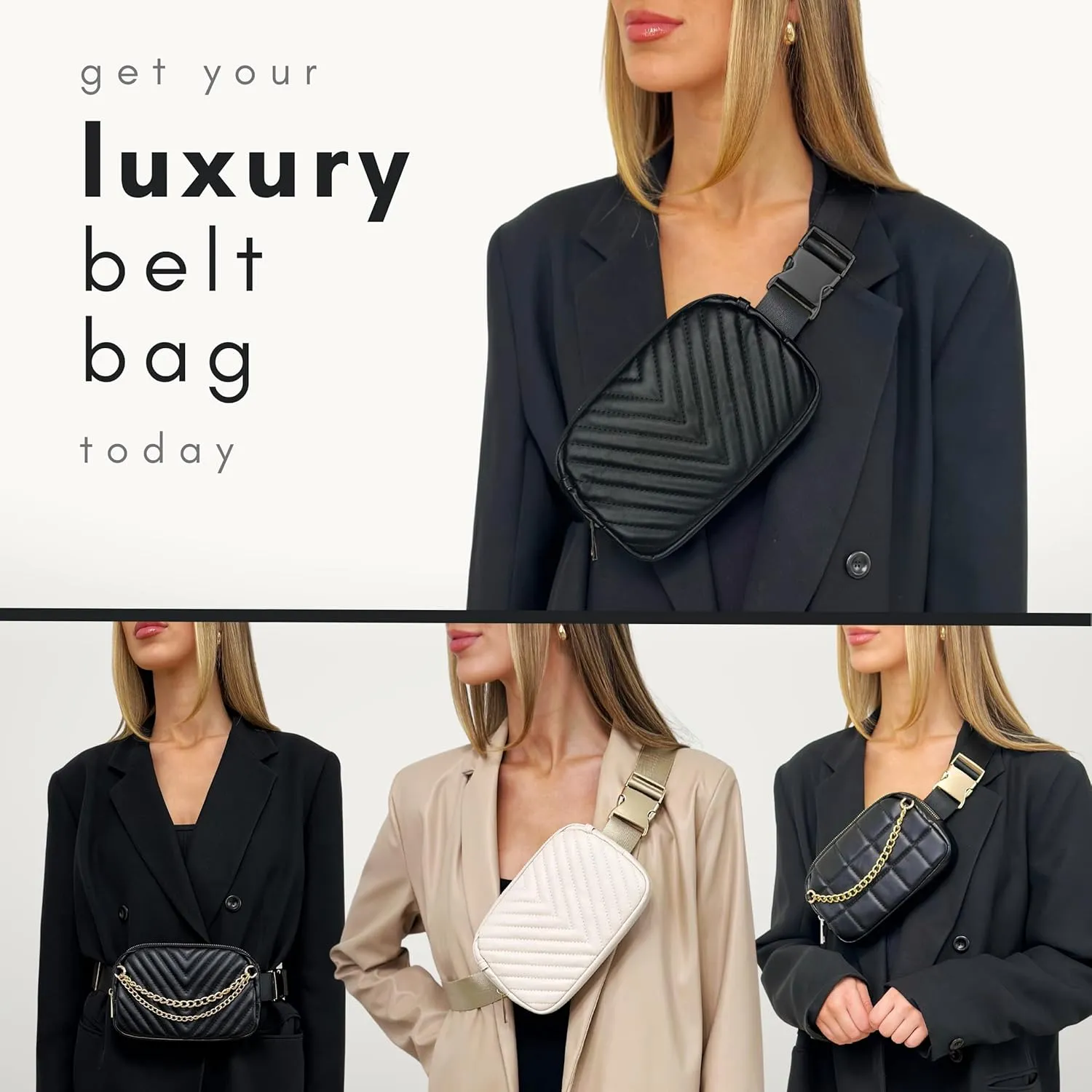 Boutique Luxury Chain Belt Bag | Crossbody Bag Leather Fanny Pack for Women Fashionable | Cute Everywhere Bum Hip Waist Pack | Small Travel Fashion Chest Bag (Extended Strap, Black Midnight | Chevron)