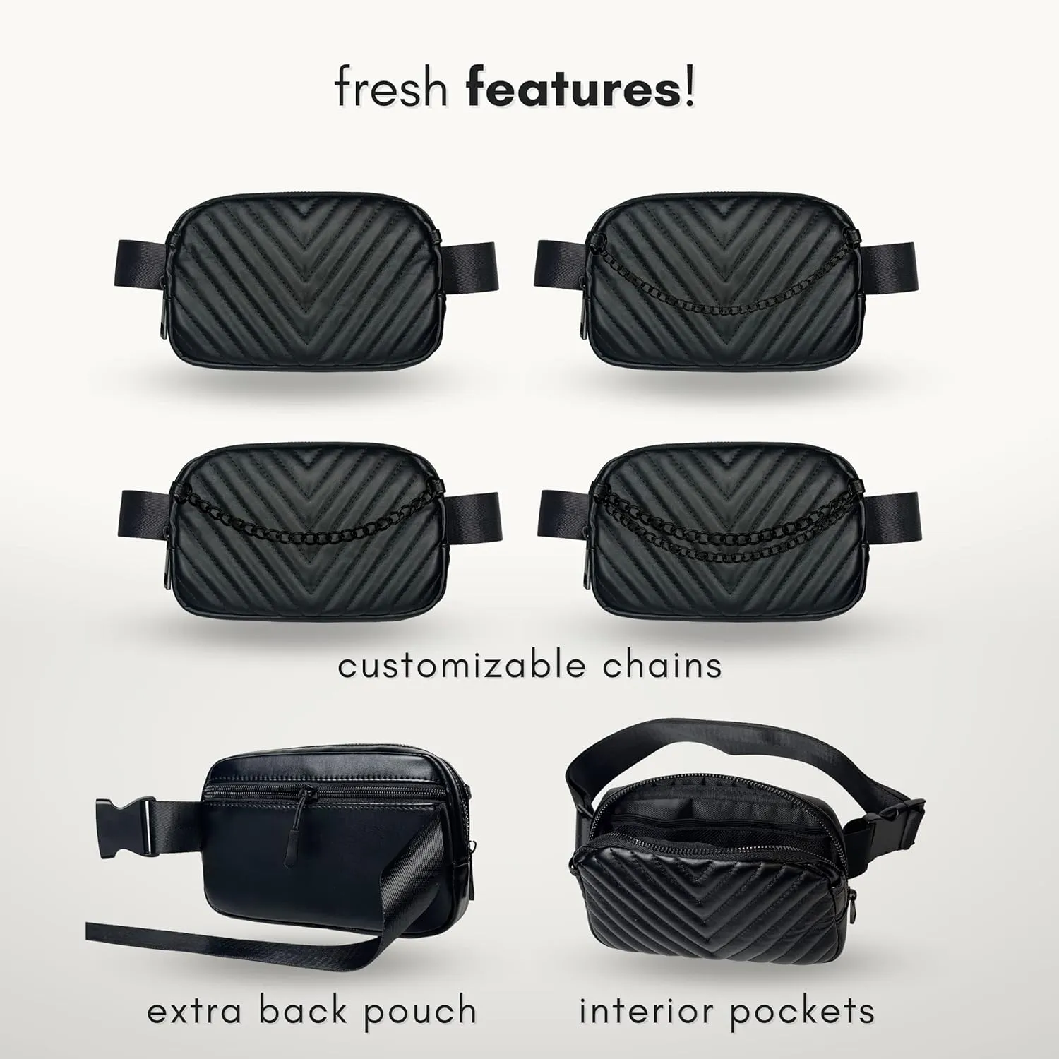 Boutique Luxury Chain Belt Bag | Crossbody Bag Leather Fanny Pack for Women Fashionable | Cute Everywhere Bum Hip Waist Pack | Small Travel Fashion Chest Bag (Extended Strap, Black Midnight | Chevron)