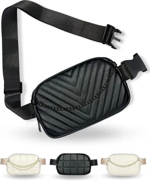 Boutique Luxury Chain Belt Bag | Crossbody Bag Leather Fanny Pack for Women Fashionable | Cute Everywhere Bum Hip Waist Pack | Small Travel Fashion Chest Bag (Extended Strap, Black Midnight | Chevron)