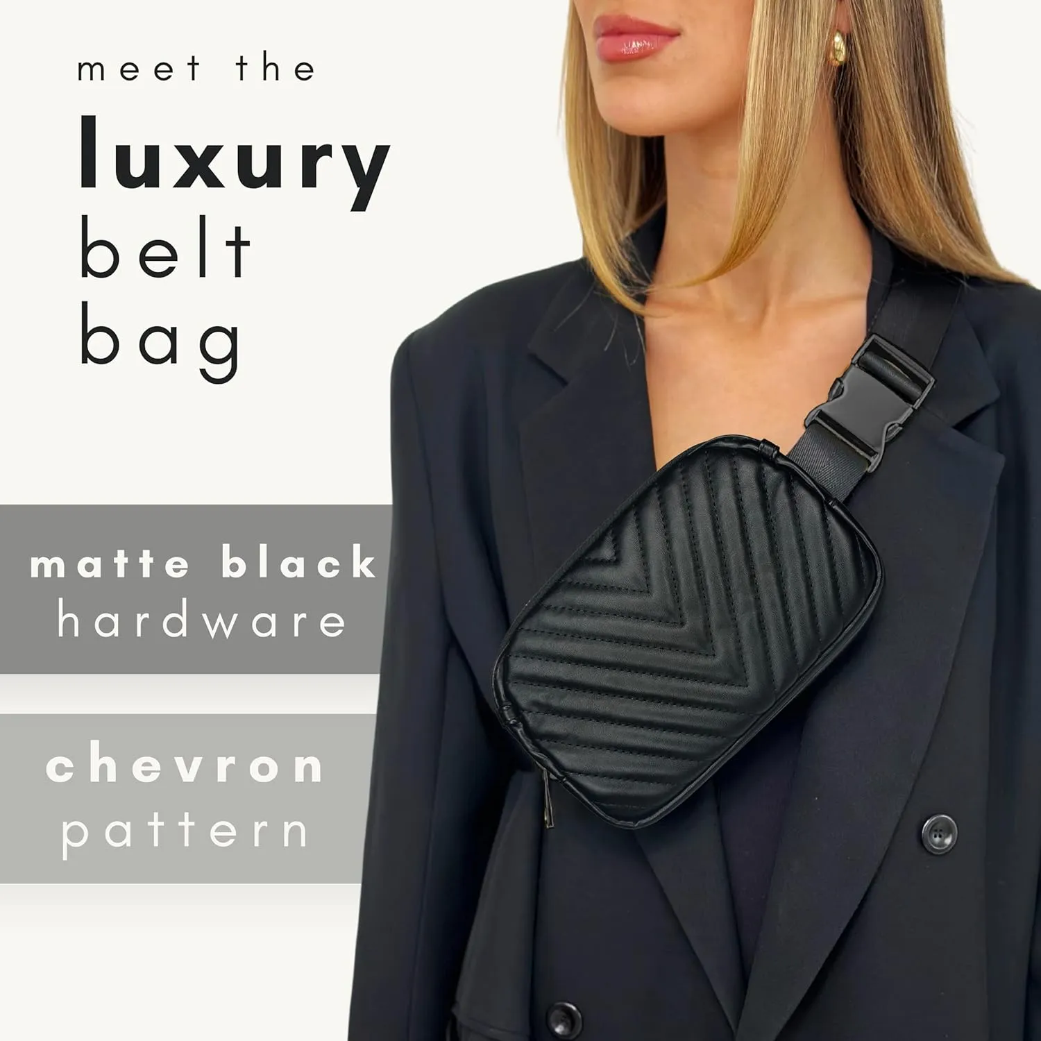 Boutique Luxury Chain Belt Bag | Crossbody Bag Leather Fanny Pack for Women Fashionable | Cute Everywhere Bum Hip Waist Pack | Small Travel Fashion Chest Bag (Extended Strap, Black Midnight | Chevron)