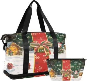 Bowknot with Christmas Backdrop Gym Bag for Women Sport Travel Duffel Bag Shoulder Weekender Overnight Bags with Wet Pocket & Shoe Compartment
