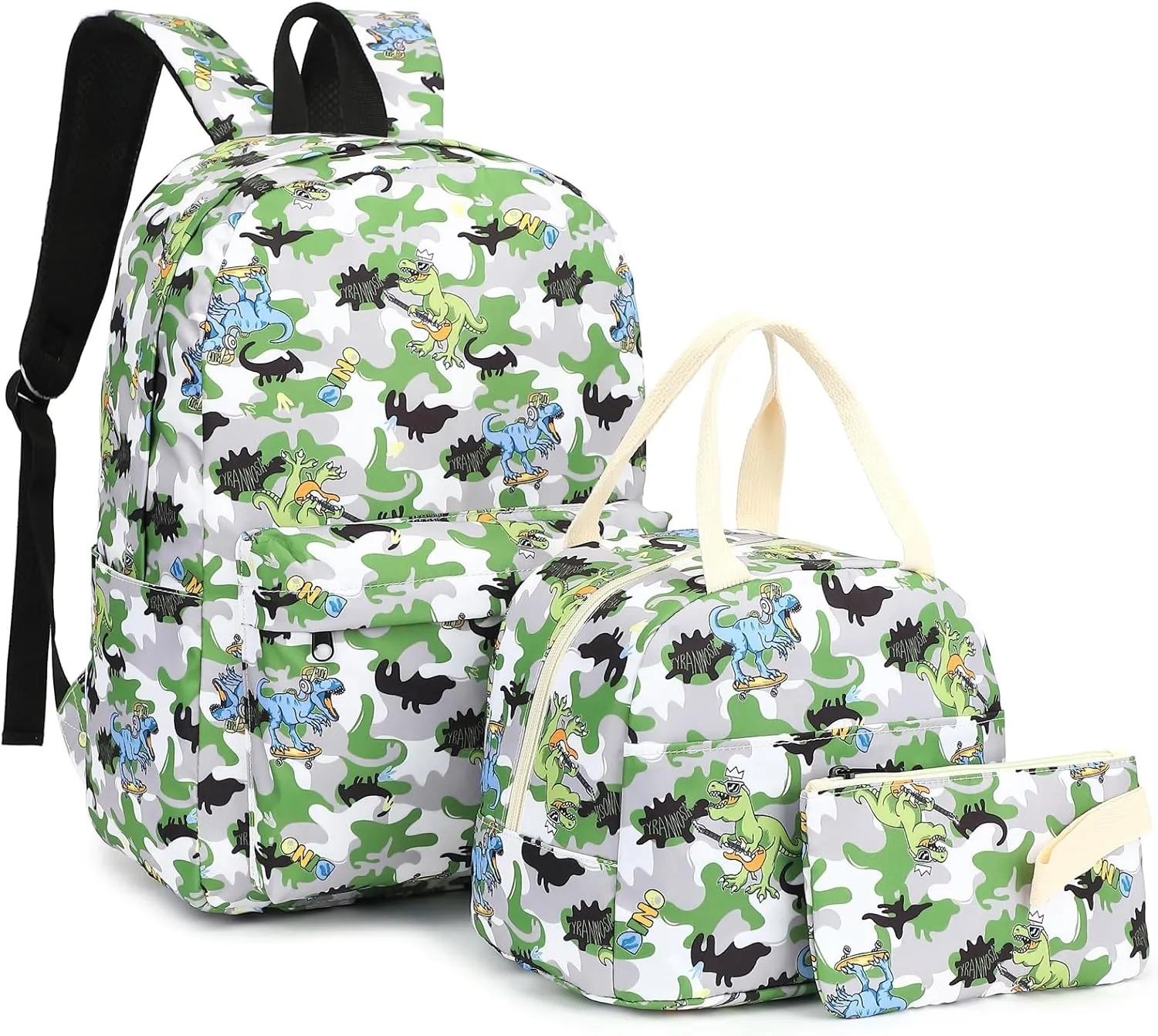 Boys Backpack for School, Kids Elementary School Bag Teens Middle Bookbag Set with Lunch Box Pencil Case (Camo Dinosaur)