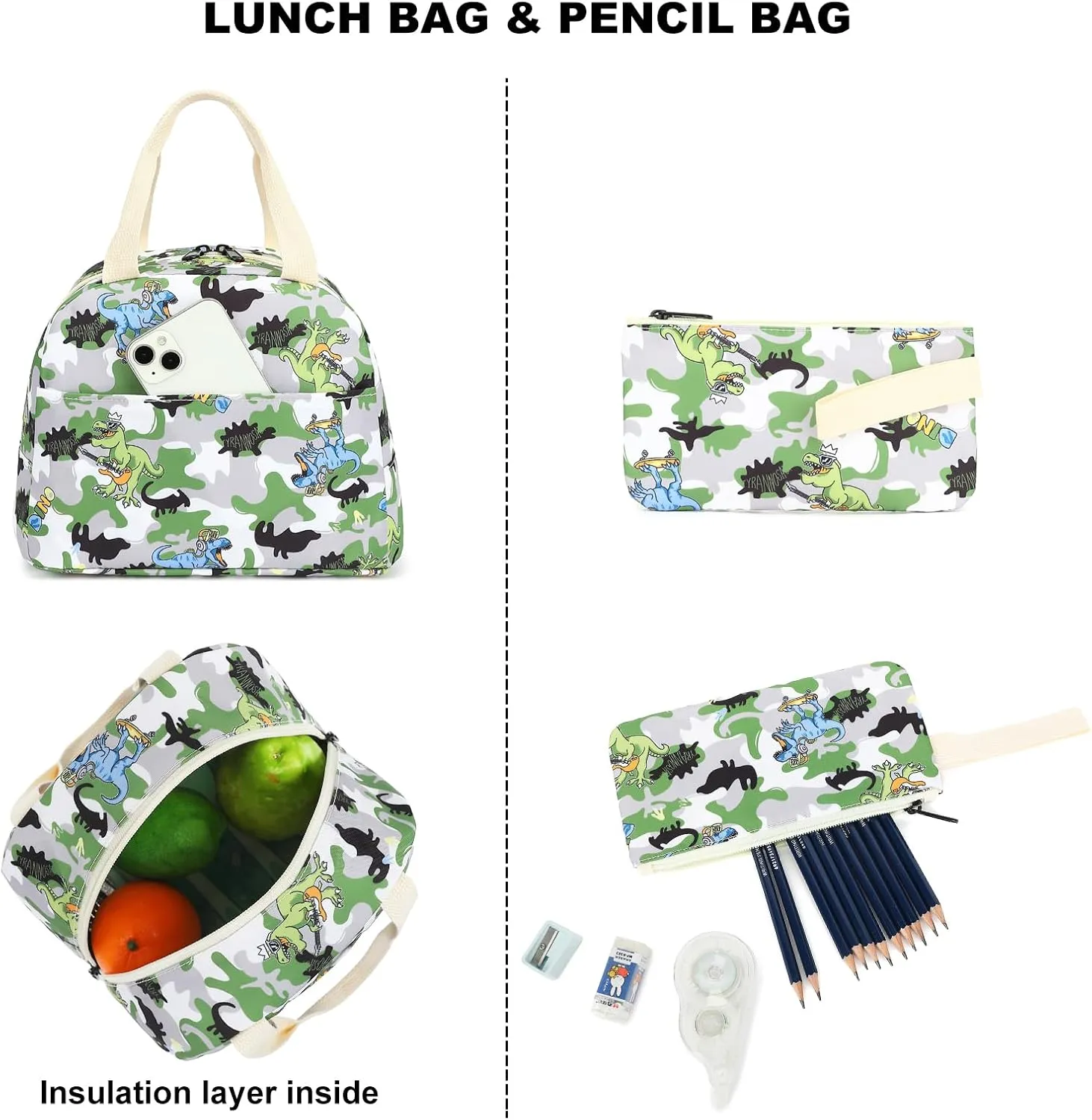 Boys Backpack for School, Kids Elementary School Bag Teens Middle Bookbag Set with Lunch Box Pencil Case (Camo Dinosaur)