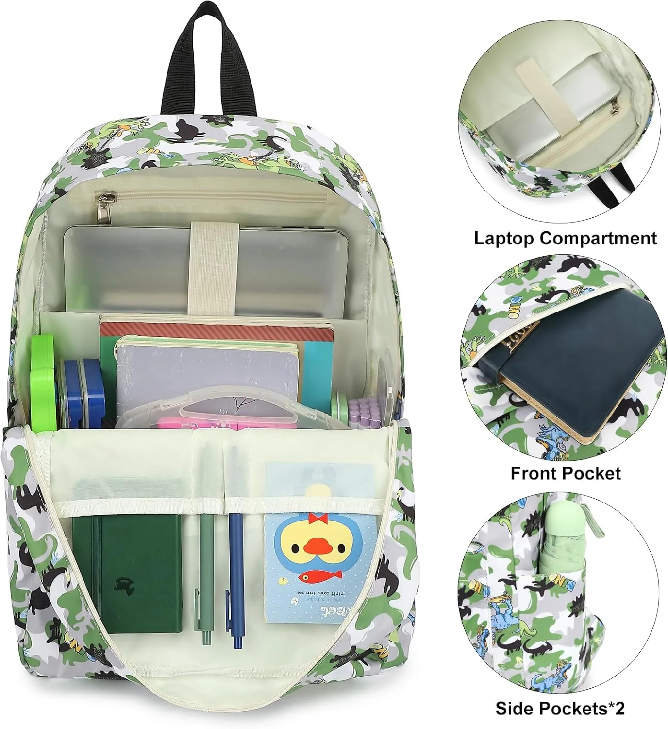 Boys Backpack for School, Kids Elementary School Bag Teens Middle Bookbag Set with Lunch Box Pencil Case (Camo Dinosaur)