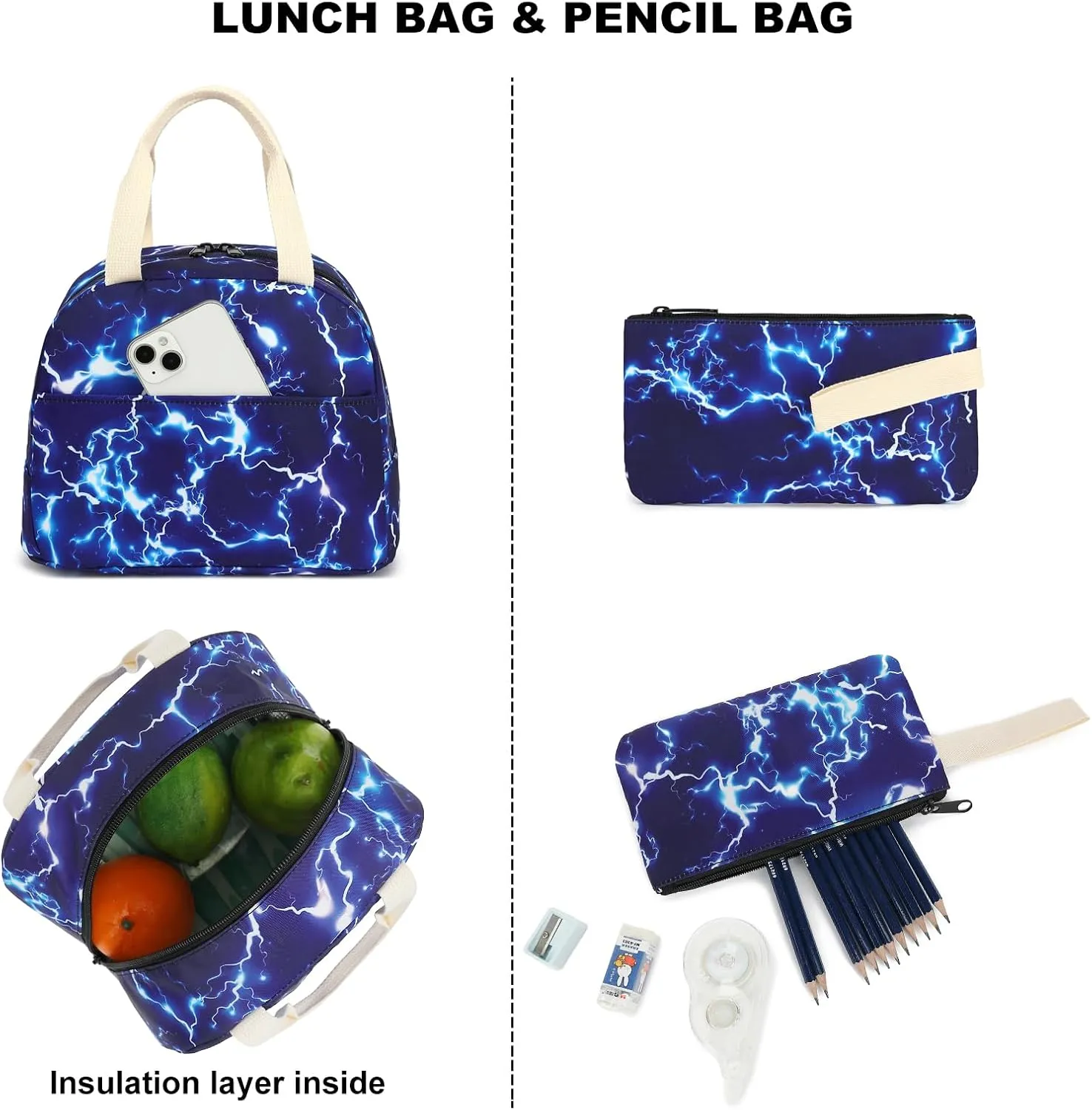 Boys Backpack for School, Kids Elementary School Bag Teens Middle Bookbag Set with Lunch Box Pencil Case (Lightning)