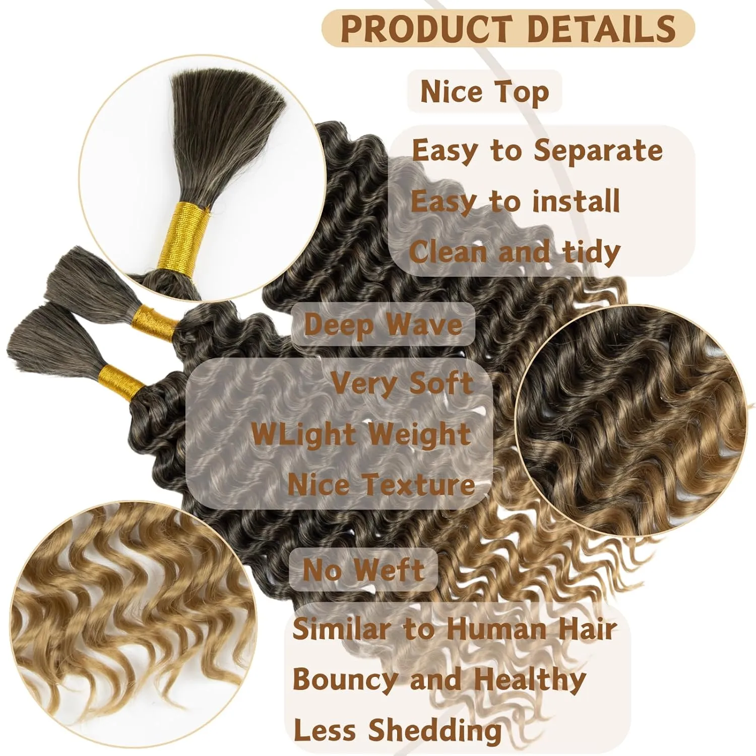 Braiding Hair 300g 4 Bundles/Pack 18 Inch Deep Wave Bohemian Braids for Curly Braiding Hair No Weft Natural Color, Boho Braids Hair Water Wave（T27#）